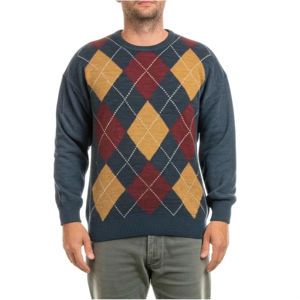 Vintage Hunt Club Argyle Sweater Crew Neck Silk Blend Size Large Dark‎ Academia